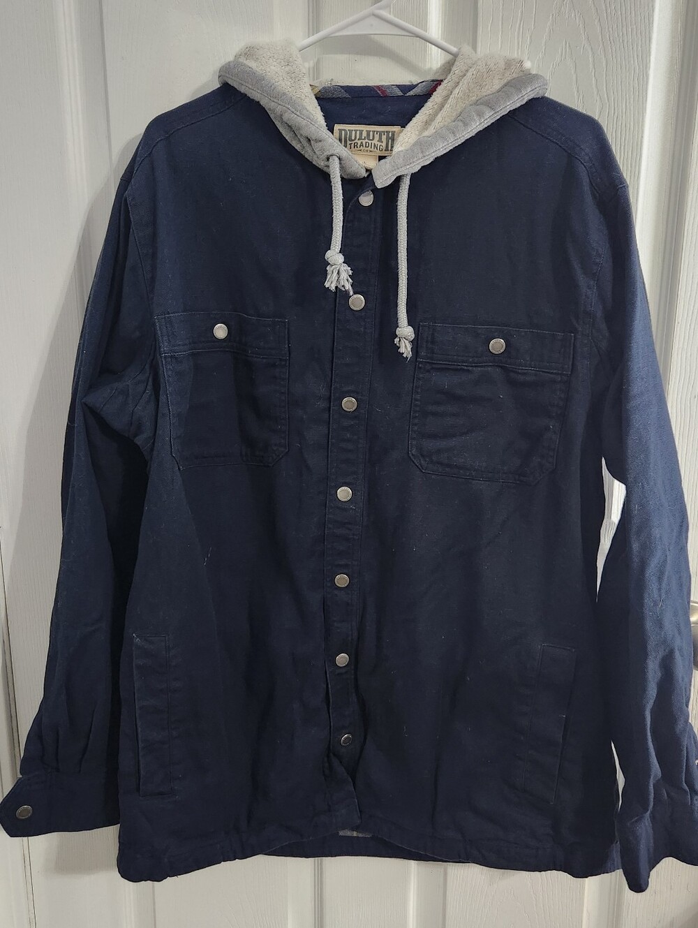 Duluth cotton navy snap front canvas barn jacket hooded outdoor farmcore Large